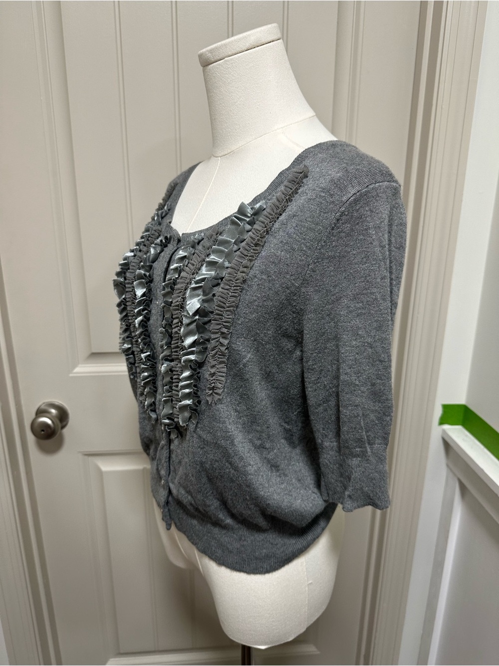 Express Women's Gray Ruffle-Front Button Cardigan - Picture 3 of 5